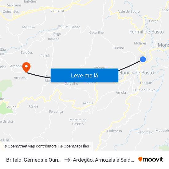 Britelo, Gémeos e Ourilhe to Ardegão, Arnozela e Seidões map