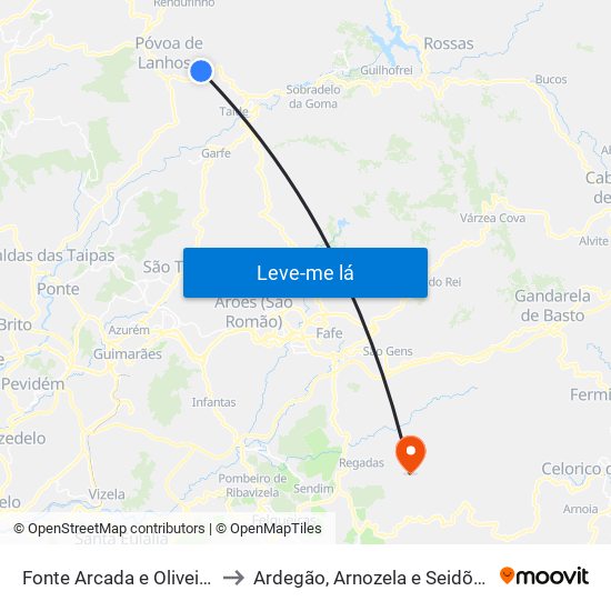 Fonte Arcada e Oliveira to Ardegão, Arnozela e Seidões map