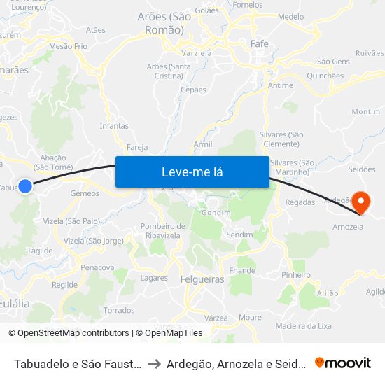 Tabuadelo e São Faustino to Ardegão, Arnozela e Seidões map