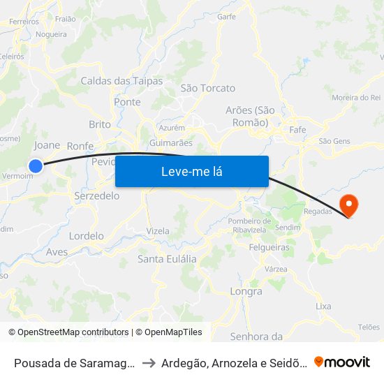 Pousada de Saramagos to Ardegão, Arnozela e Seidões map