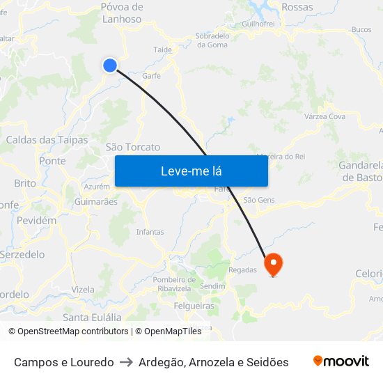 Campos e Louredo to Ardegão, Arnozela e Seidões map