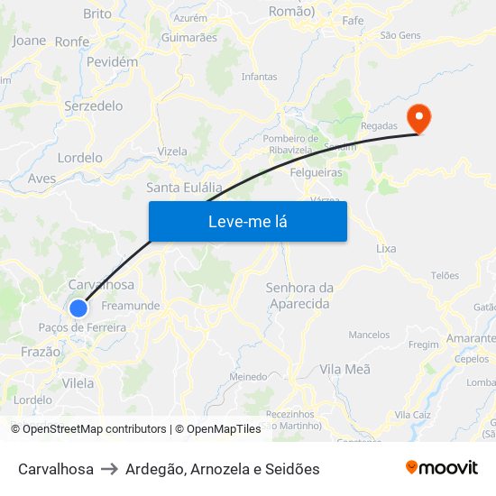 Carvalhosa to Ardegão, Arnozela e Seidões map