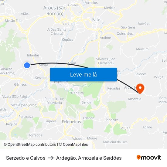 Serzedo e Calvos to Ardegão, Arnozela e Seidões map