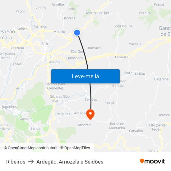 Ribeiros to Ardegão, Arnozela e Seidões map