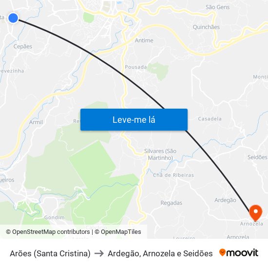 Arões (Santa Cristina) to Ardegão, Arnozela e Seidões map