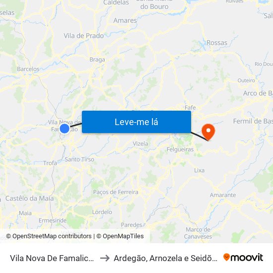 Vila Nova De Famalicão to Ardegão, Arnozela e Seidões map