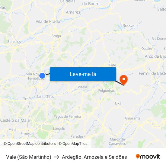 Vale (São Martinho) to Ardegão, Arnozela e Seidões map