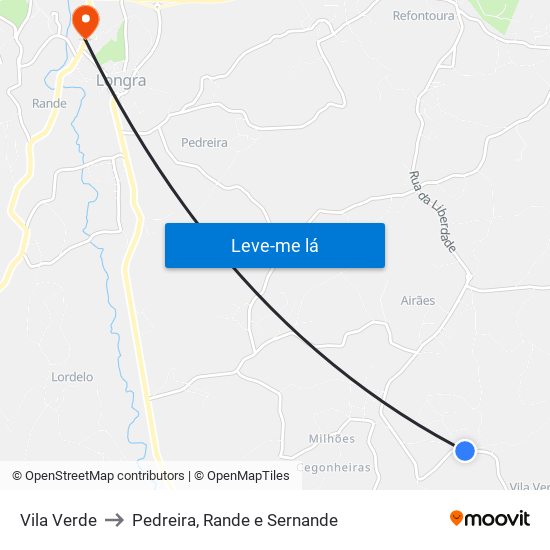 Vila Verde to Pedreira, Rande e Sernande map