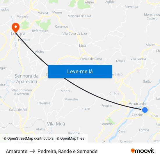 Amarante to Pedreira, Rande e Sernande map