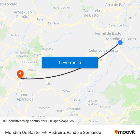 Mondim De Basto to Pedreira, Rande e Sernande map