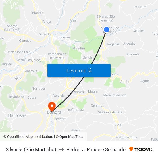 Silvares (São Martinho) to Pedreira, Rande e Sernande map