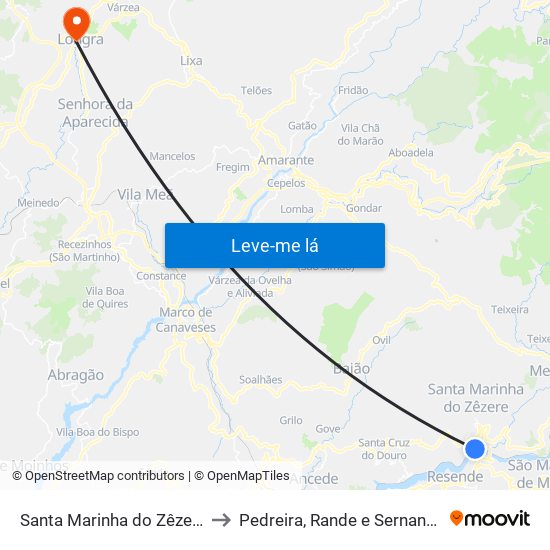 Santa Marinha do Zêzere to Pedreira, Rande e Sernande map