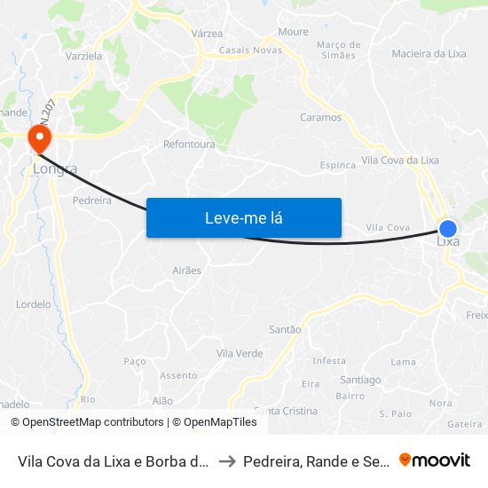 Vila Cova da Lixa e Borba de Godim to Pedreira, Rande e Sernande map