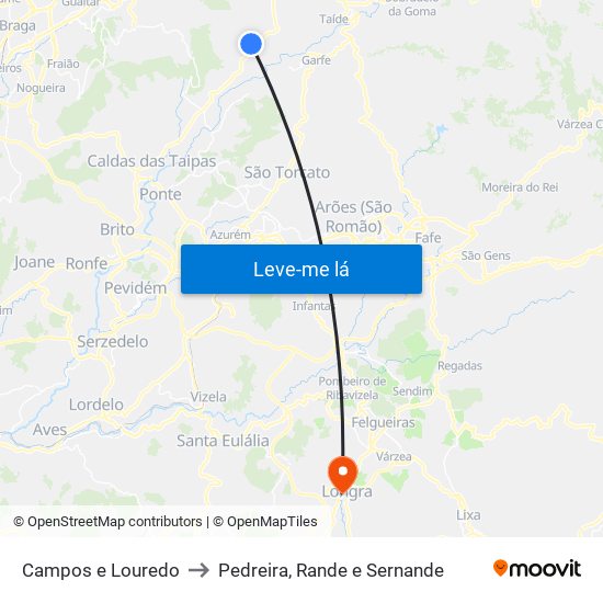 Campos e Louredo to Pedreira, Rande e Sernande map