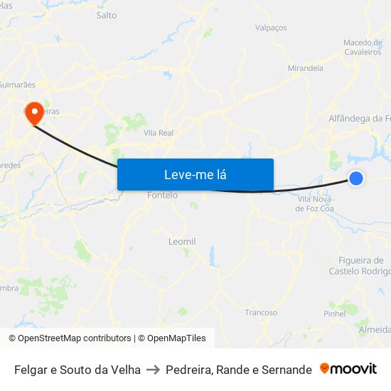 Felgar e Souto da Velha to Pedreira, Rande e Sernande map