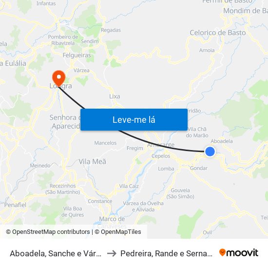 Aboadela, Sanche e Várzea to Pedreira, Rande e Sernande map