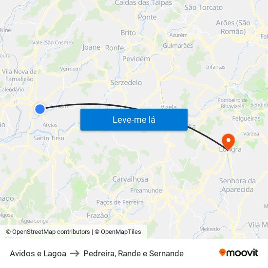 Avidos e Lagoa to Pedreira, Rande e Sernande map