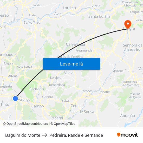 Baguim do Monte to Pedreira, Rande e Sernande map