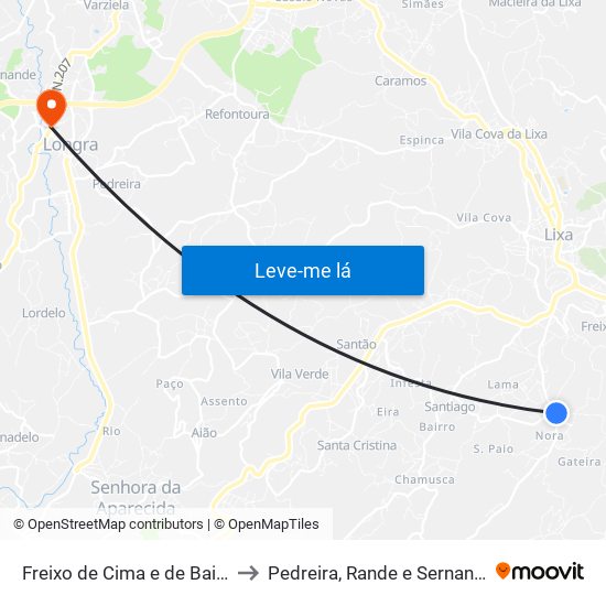 Freixo de Cima e de Baixo to Pedreira, Rande e Sernande map
