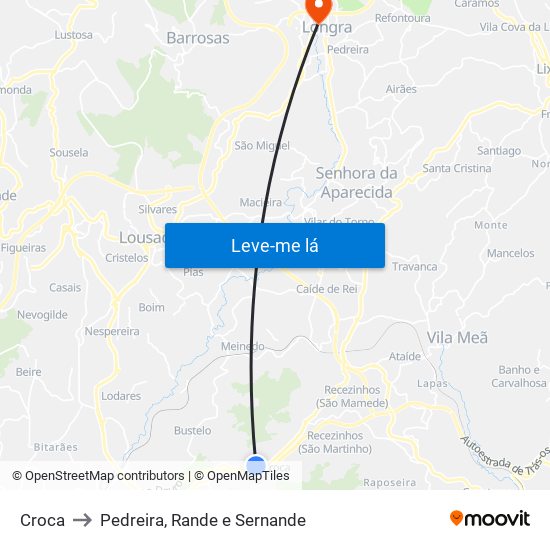 Croca to Pedreira, Rande e Sernande map