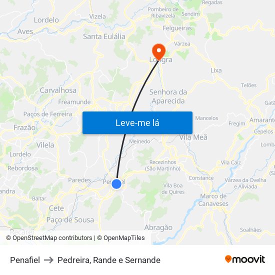 Penafiel to Pedreira, Rande e Sernande map