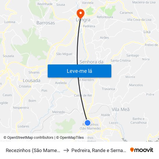 Recezinhos (São Mamede) to Pedreira, Rande e Sernande map