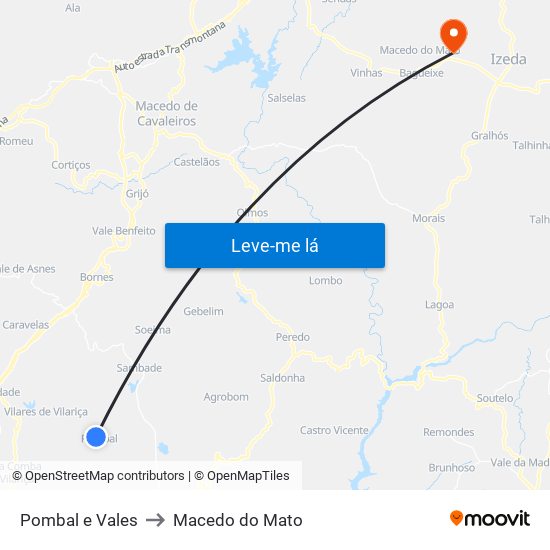 Pombal e Vales to Macedo do Mato map