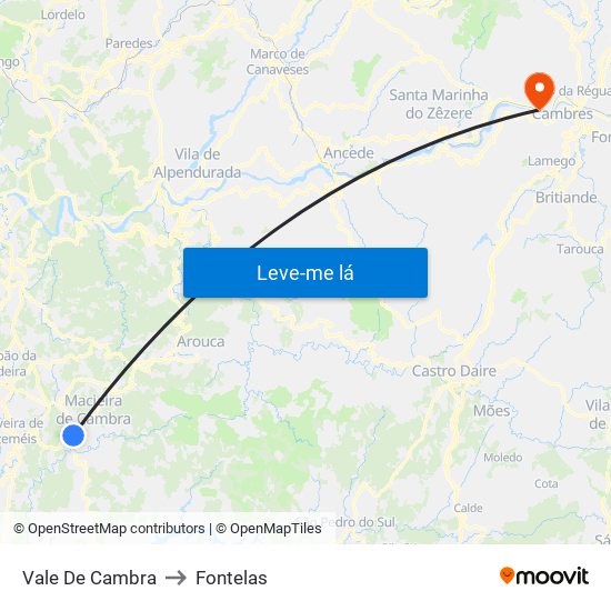 Vale De Cambra to Fontelas map