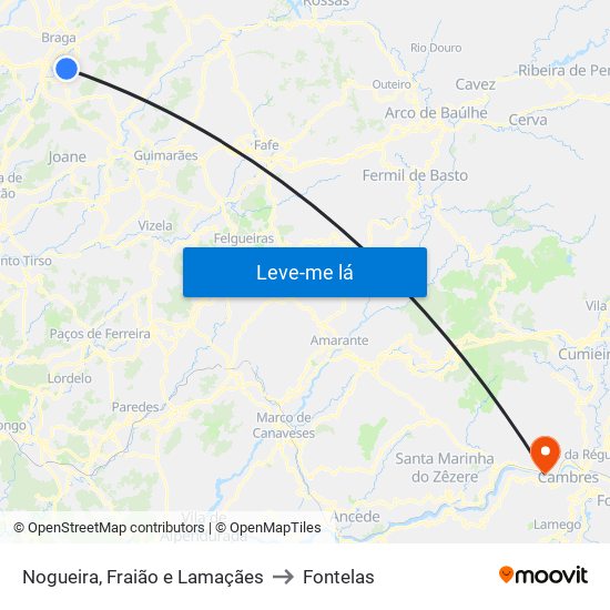Nogueira, Fraião e Lamaçães to Fontelas map