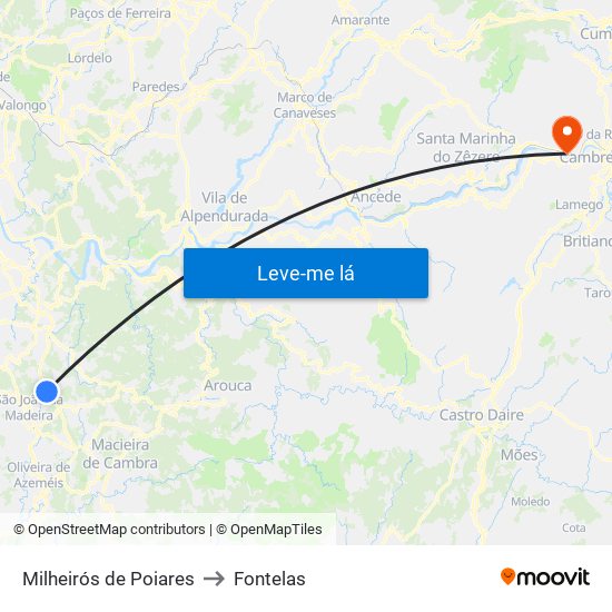 Milheirós de Poiares to Fontelas map