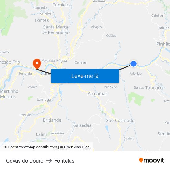 Covas do Douro to Fontelas map