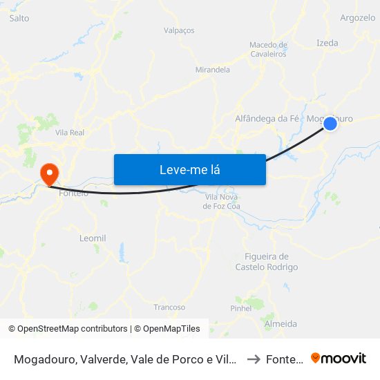 Mogadouro, Valverde, Vale de Porco e Vilar de Rei to Fontelas map