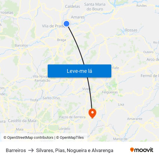Barreiros to Silvares, Pias, Nogueira e Alvarenga map