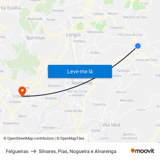 Felgueiras to Silvares, Pias, Nogueira e Alvarenga map