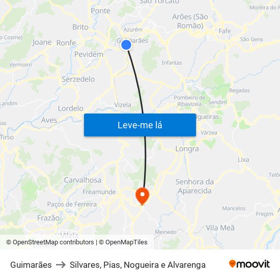 Guimarães to Silvares, Pias, Nogueira e Alvarenga map