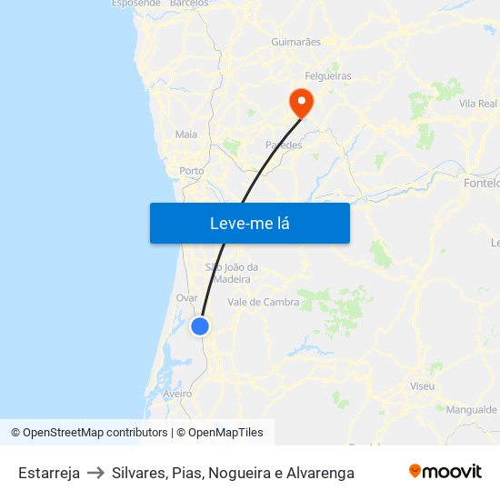 Estarreja to Silvares, Pias, Nogueira e Alvarenga map