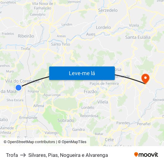 Trofa to Silvares, Pias, Nogueira e Alvarenga map