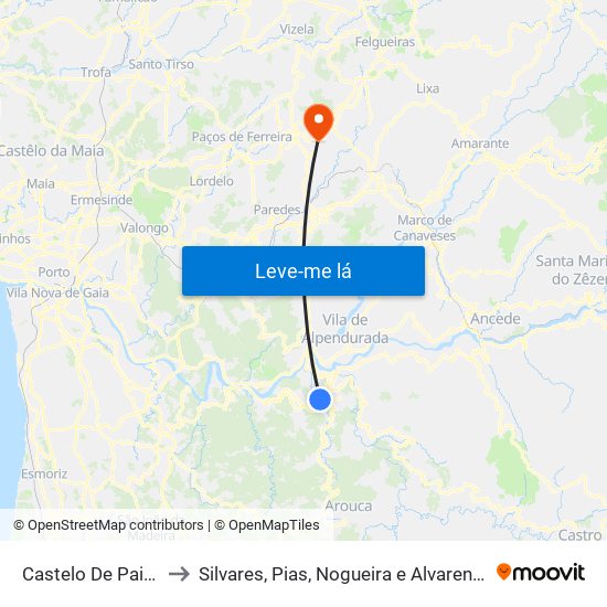 Castelo De Paiva to Silvares, Pias, Nogueira e Alvarenga map