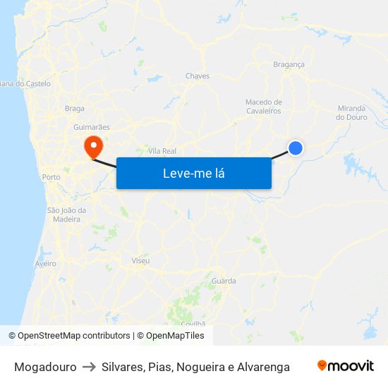 Mogadouro to Silvares, Pias, Nogueira e Alvarenga map