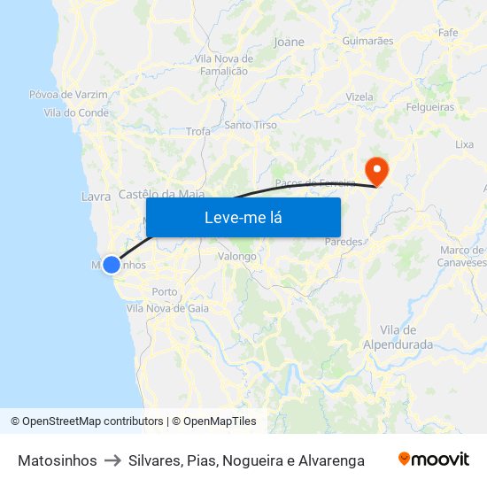 Matosinhos to Silvares, Pias, Nogueira e Alvarenga map