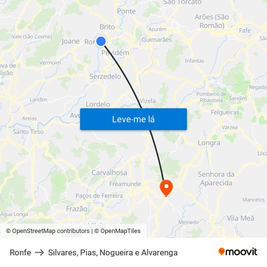 Ronfe to Silvares, Pias, Nogueira e Alvarenga map