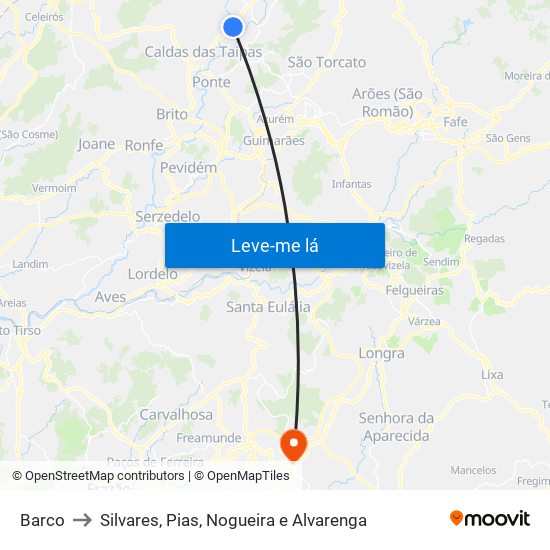 Barco to Silvares, Pias, Nogueira e Alvarenga map