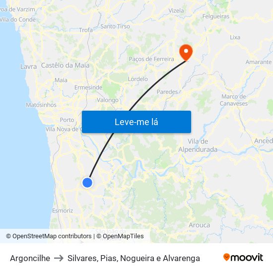 Argoncilhe to Silvares, Pias, Nogueira e Alvarenga map