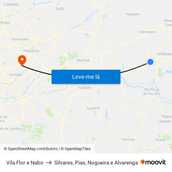 Vila Flor e Nabo to Silvares, Pias, Nogueira e Alvarenga map