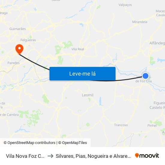 Vila Nova Foz Coa to Silvares, Pias, Nogueira e Alvarenga map