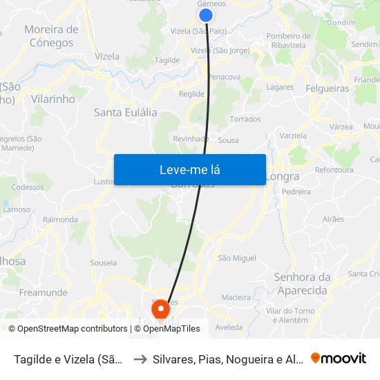 Tagilde e Vizela (São Paio) to Silvares, Pias, Nogueira e Alvarenga map