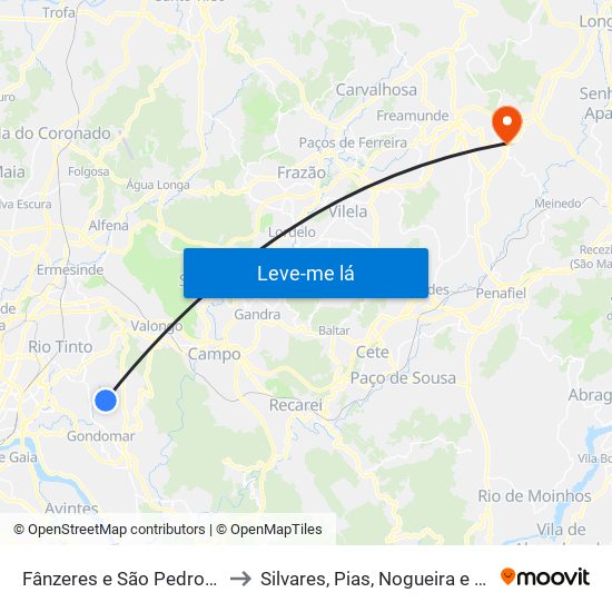 Fânzeres e São Pedro da Cova to Silvares, Pias, Nogueira e Alvarenga map