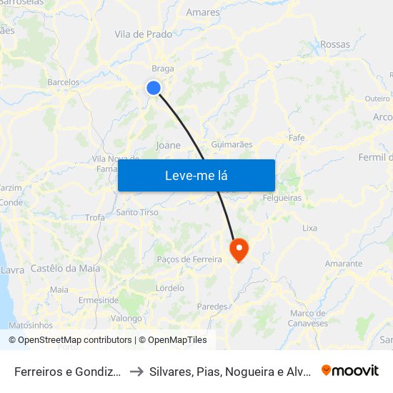 Ferreiros e Gondizalves to Silvares, Pias, Nogueira e Alvarenga map