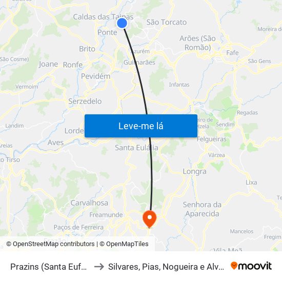 Prazins (Santa Eufémia) to Silvares, Pias, Nogueira e Alvarenga map