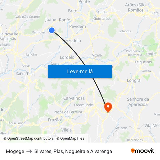 Mogege to Silvares, Pias, Nogueira e Alvarenga map